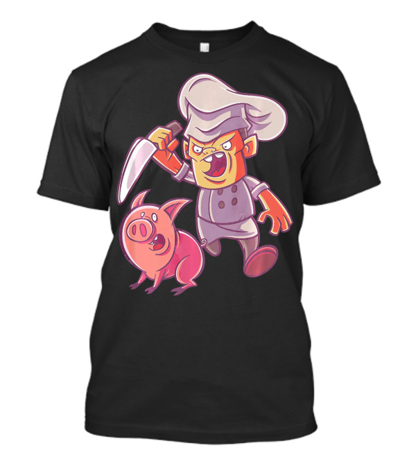 Piggy Butcher Chef Holding Knife Cartoon With Pig T-Shirt