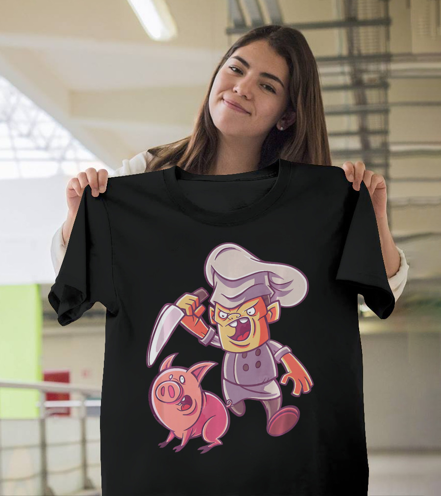Piggy Butcher Chef Holding Knife Cartoon with Pig T-Shirt
