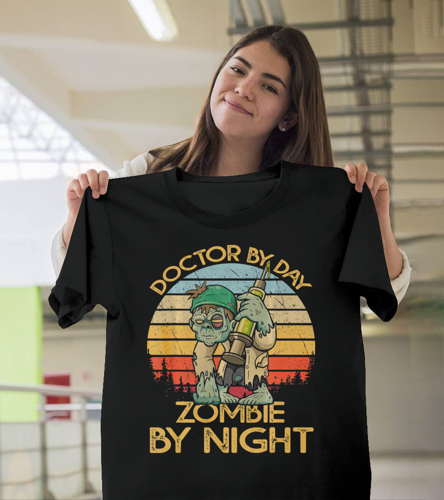 Doctor By Day Zombie By Night Retro Sunrise T-Shirt