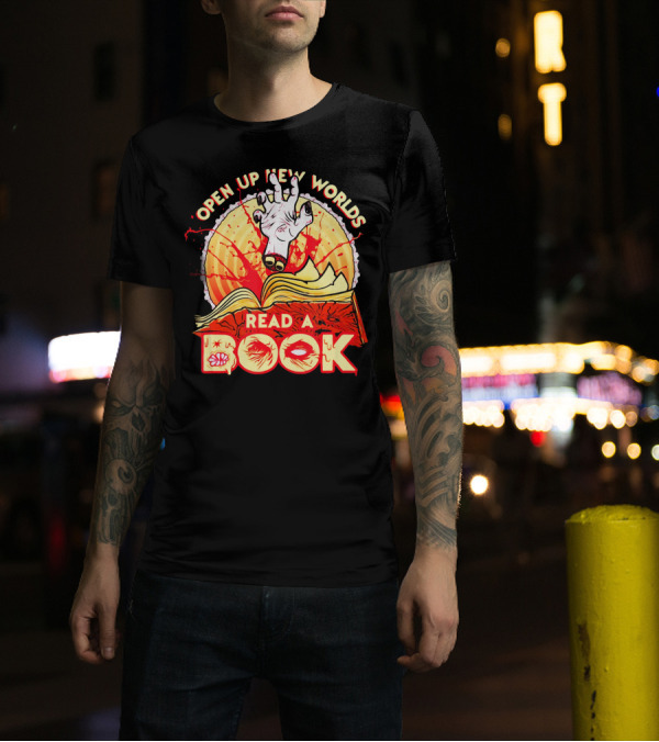 Open Up New Worlds Read A Book Zombie Hand Emerging From Open Book T-Shirt