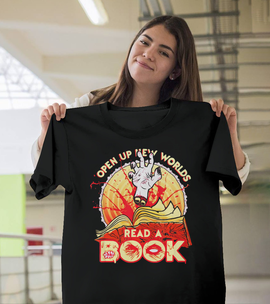 Open Up New Worlds Read A Book Zombie Hand Emerging from Open Book T-Shirt