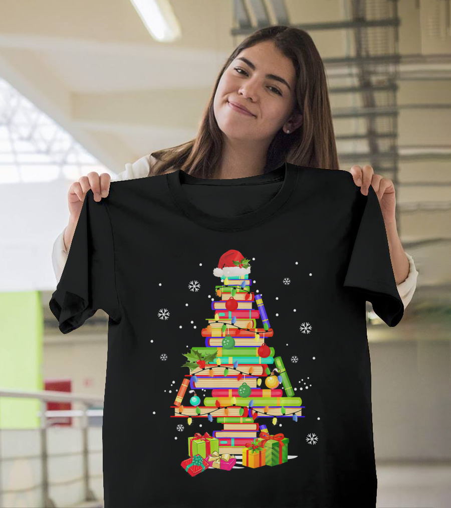 Merry Christmas Tree Made of Books with Santa Hat and Gifts T-Shirt
