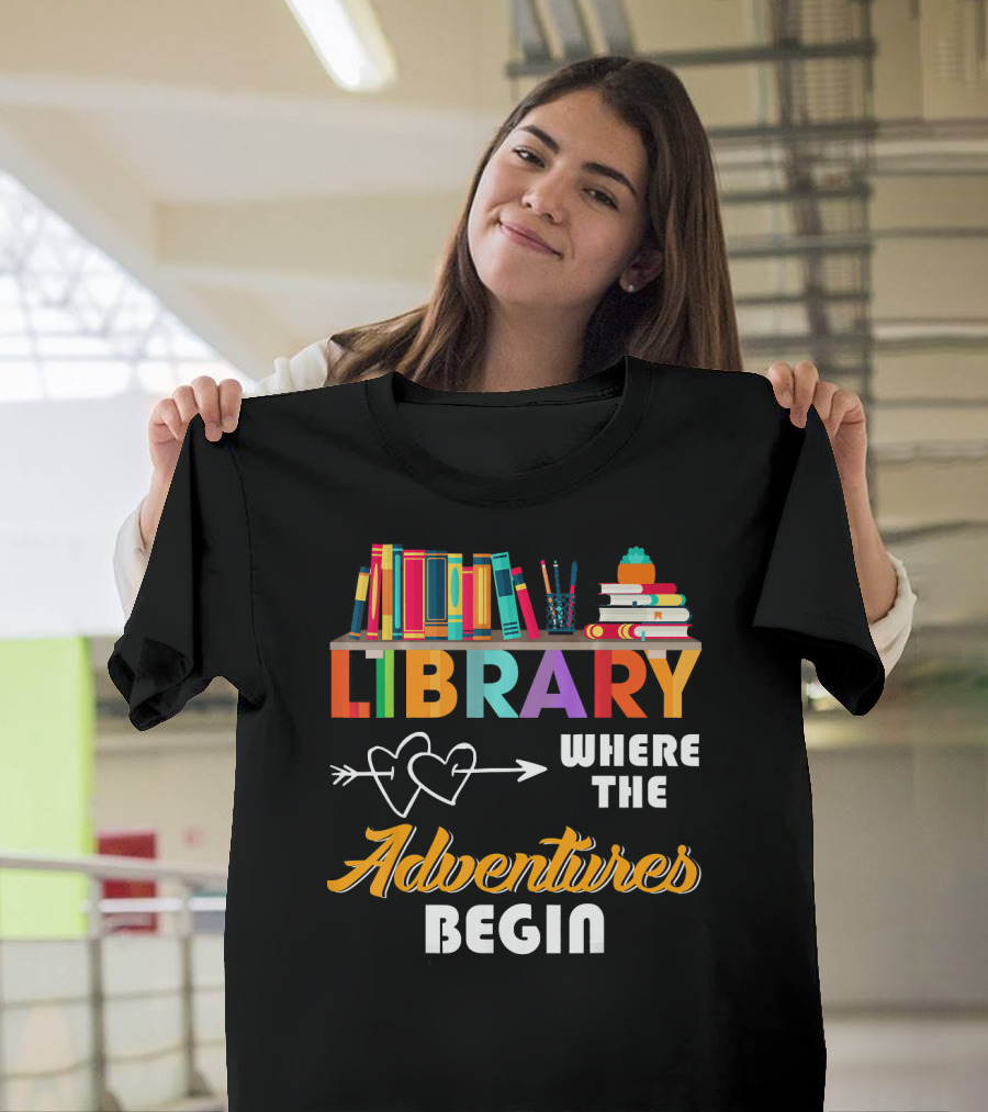 Library Books Where the Adventures Begin Arrow Hearts T-Shirt