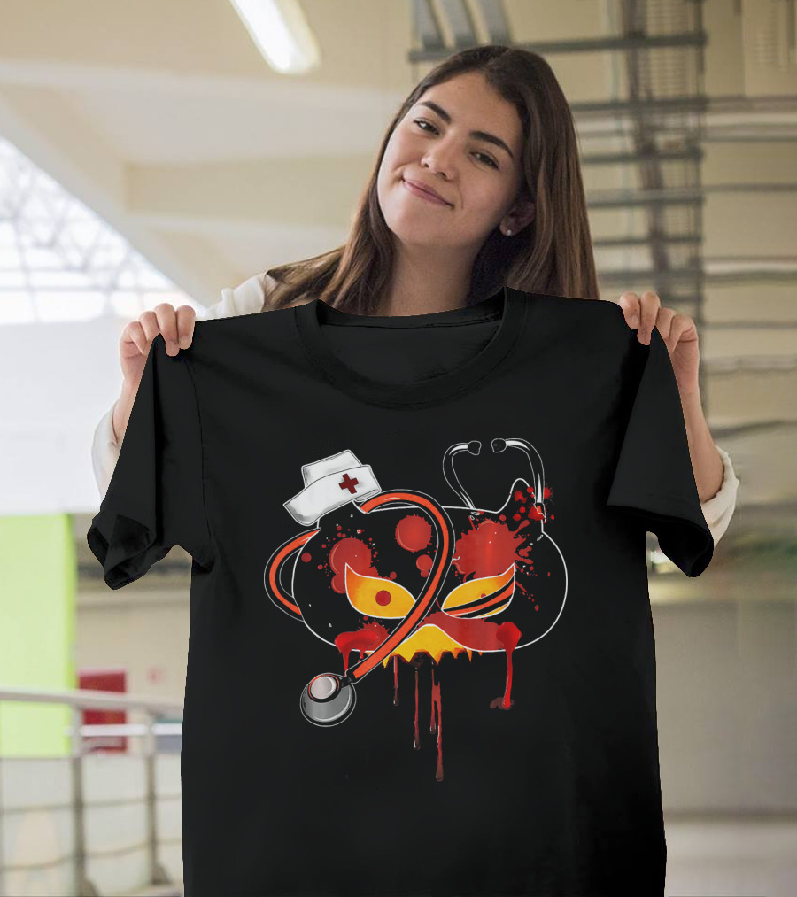 Nurse Doctor Halloween Scary Pumpkin with Stethoscope and Nurse Hat T-Shirt