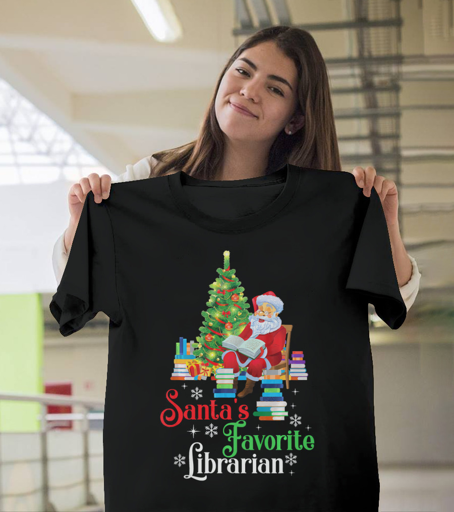 Santa's Favorite Librarian Sitting by Christmas Tree with Books T-Shirt