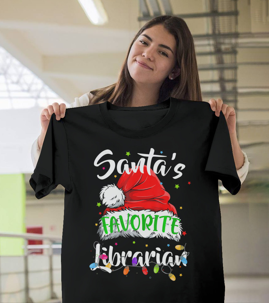 Santa's Favorite Librarian Christmas Hat Lights T-Shirt