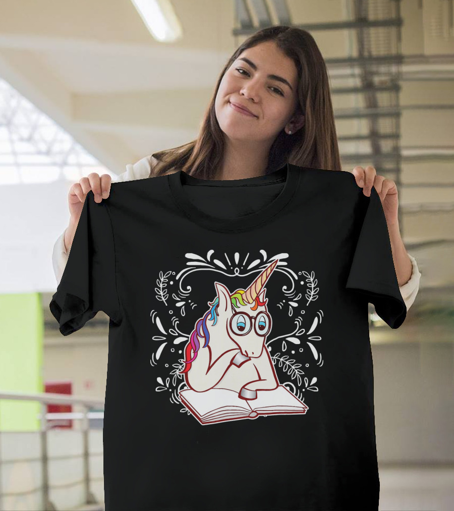 Unicorn with Glasses Reading a Book with Floral Background T-Shirt