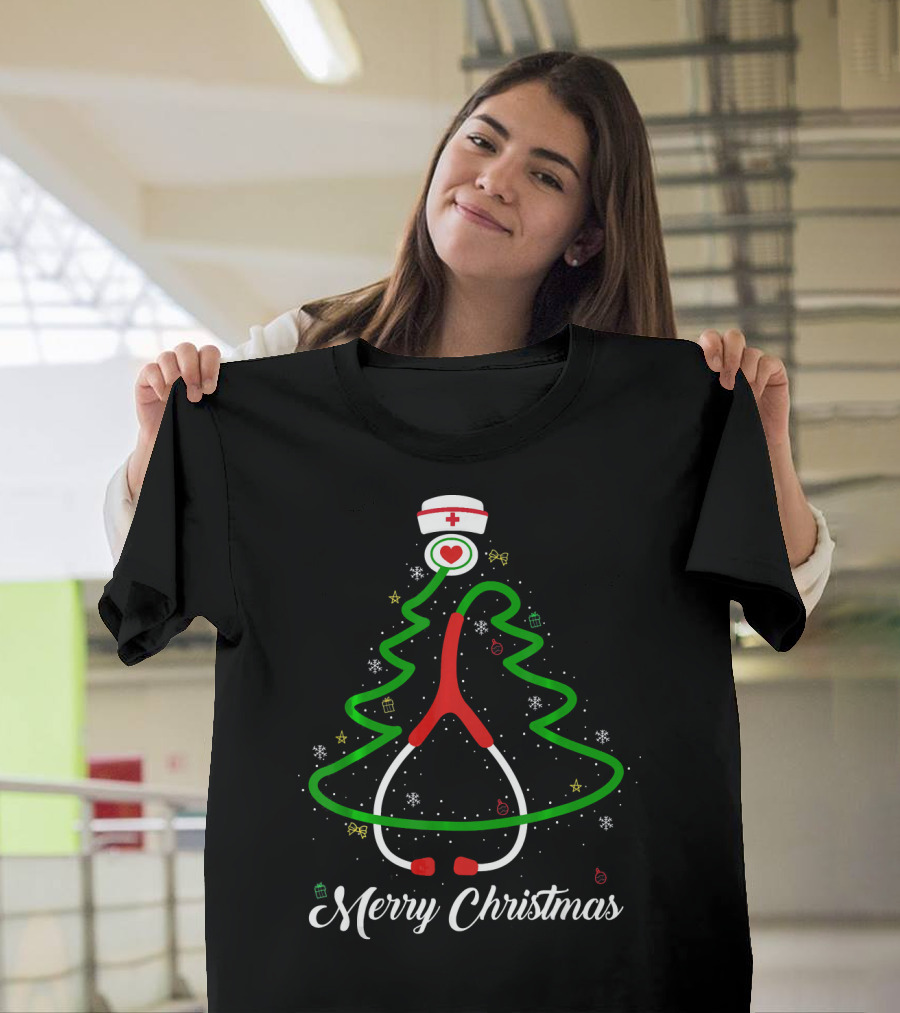 Merry Christmas Nurse Stethoscope Tree Decor Doctor T-Shirt