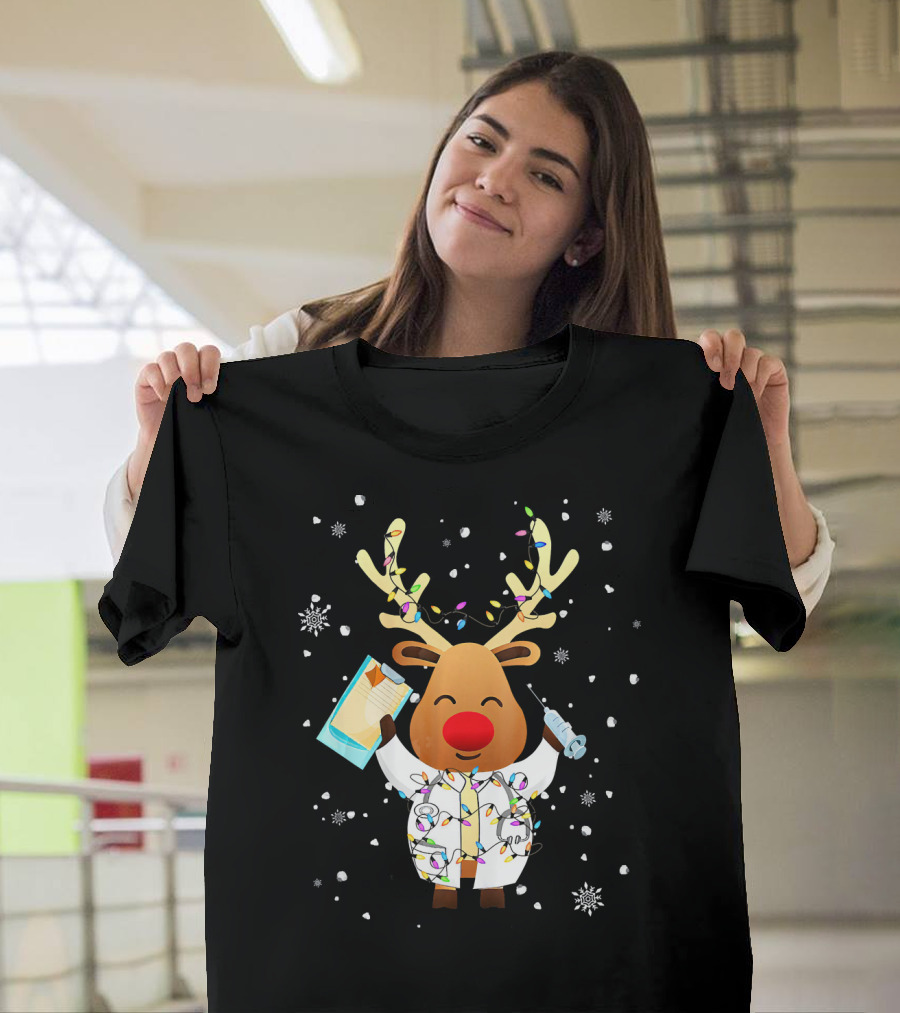 Reindeer Doctor in Holiday Lights with Festive Clipboards and Snowflakes T-Shirt