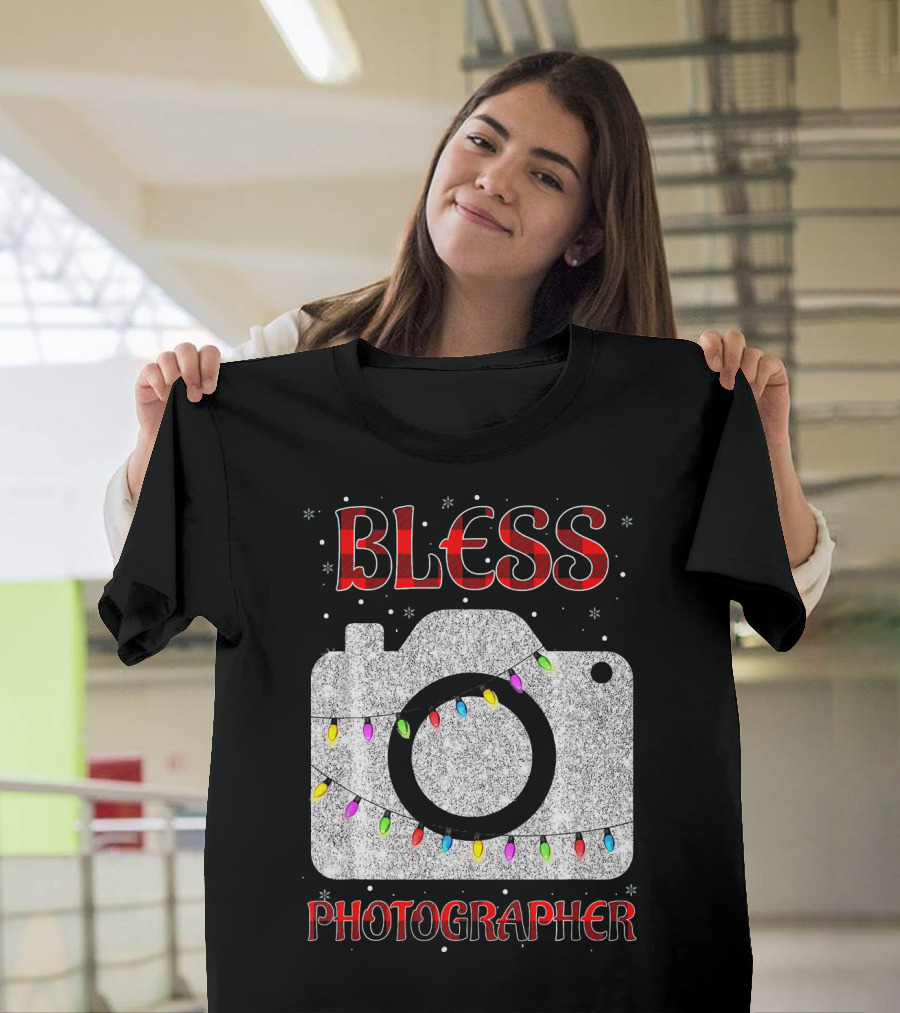 Bless Photographer Camera Christmas Lights Buffalo Plaid T-Shirt
