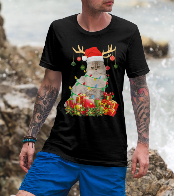 Persian Cat With Reindeer Antlers And Santa Hat Surrounded By Christmas Gifts And Ornaments T-Shirt