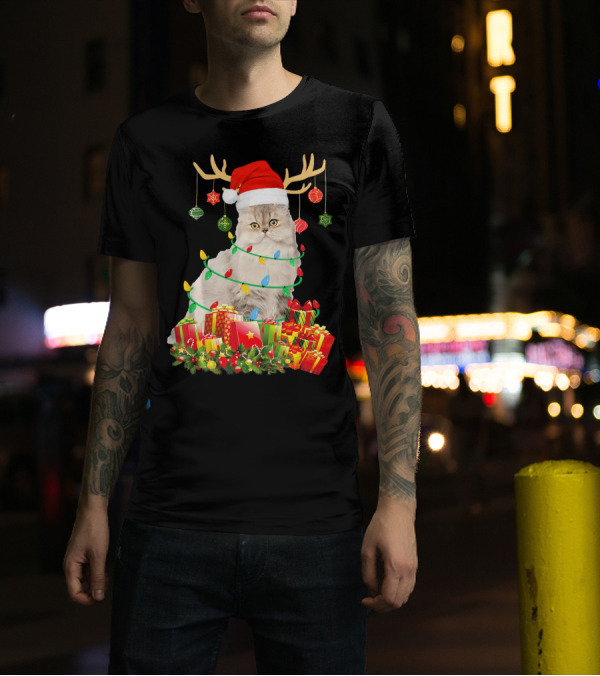 Persian Cat With Reindeer Antlers And Santa Hat Surrounded By Christmas Gifts And Ornaments T-Shirt