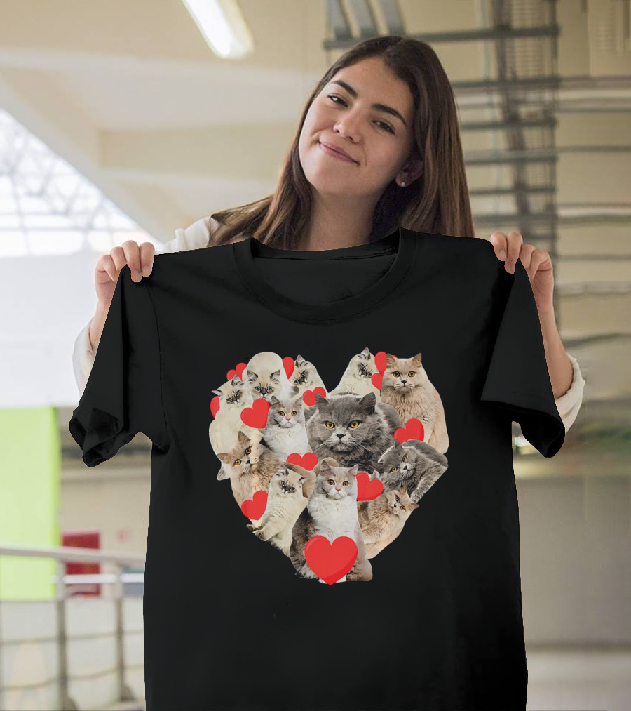 Valentines Day Heart Of British Longhair Cats With Red Hearts T-Shirt