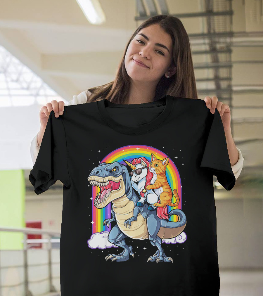 Unicorn Cat Riding Dinosaur Rex T-Shirt