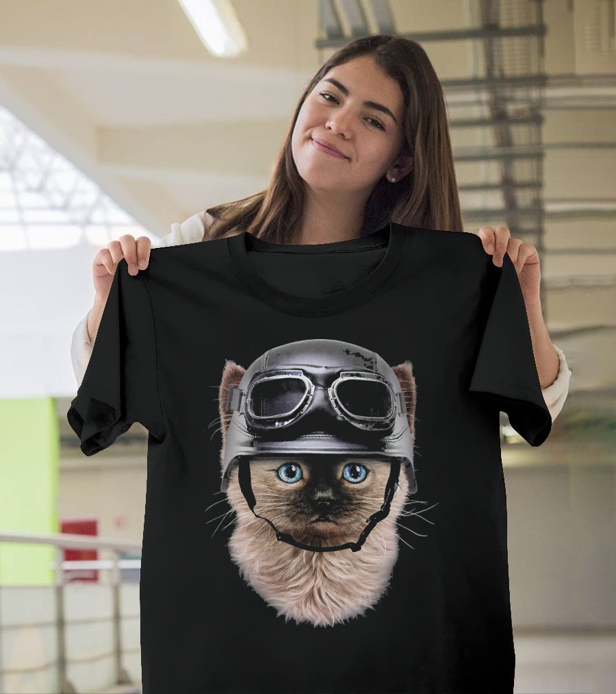 Siamese Kitten Wearing Motorcycle Helmet With Goggles T-Shirt