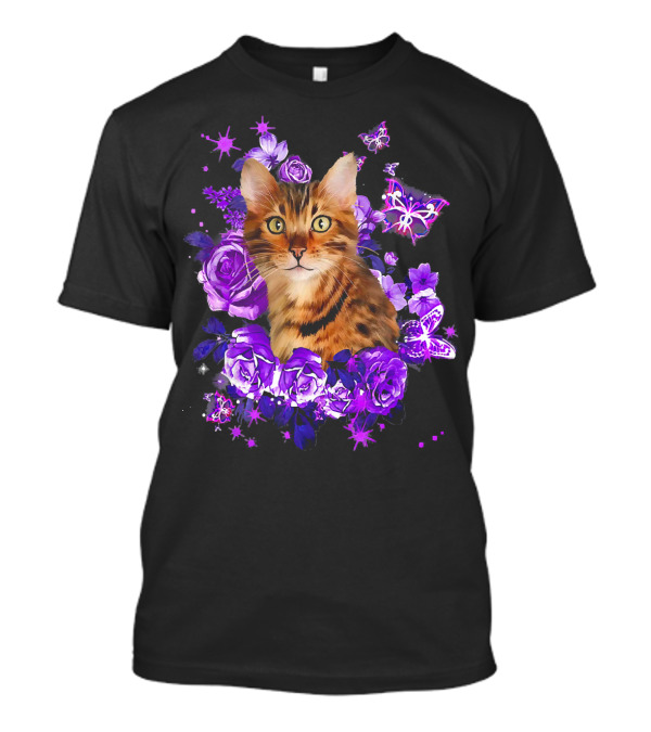 Funny Purple Bengal Cat With Purple Roses And Butterflies T-Shirt