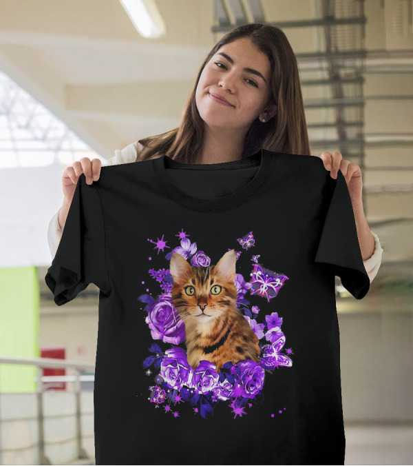 Funny Purple Bengal Cat With Purple Roses And Butterflies T-Shirt