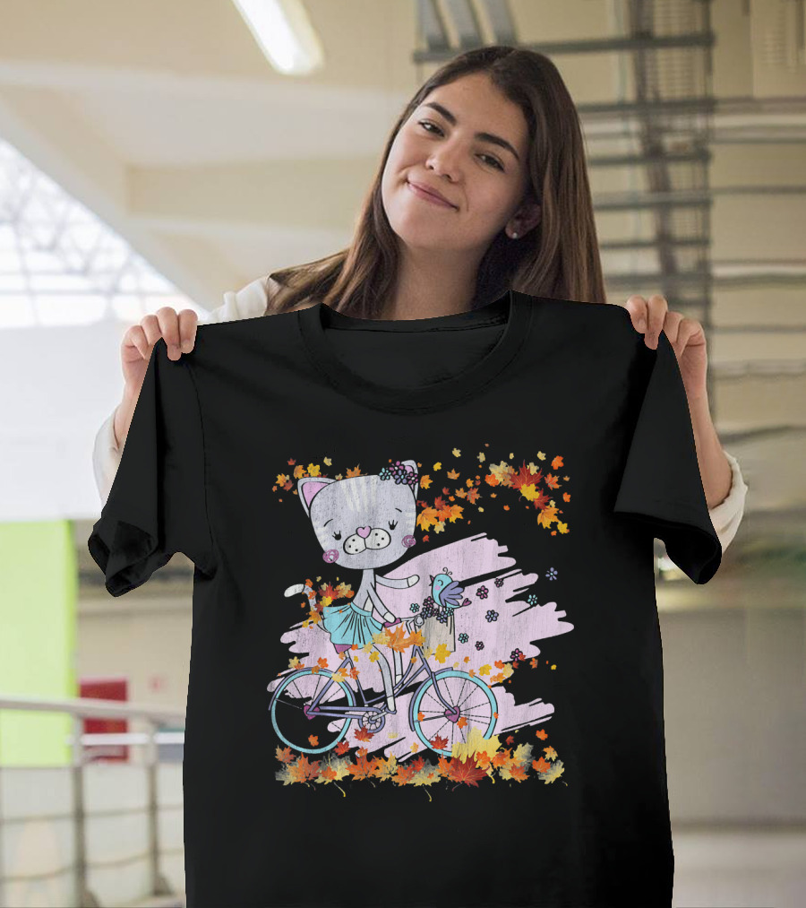 Lovely Kitten Riding a Bicycle with Autumn Leaves and Bird in Funny Fall Scene T-Shirt