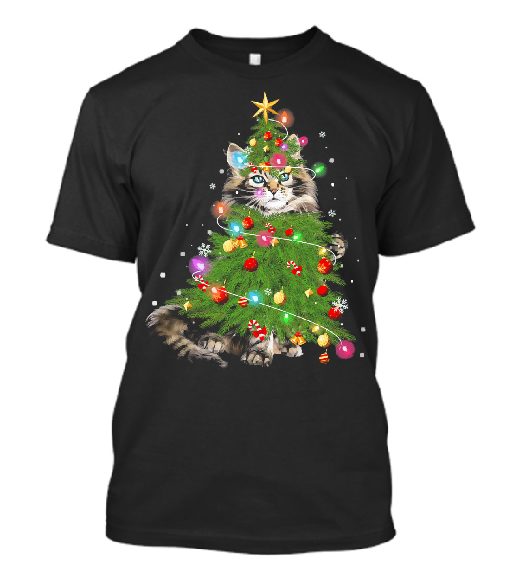 Cute Maine Coon Cat Surrounded By Christmas Tree Lights And Ornaments T-Shirt
