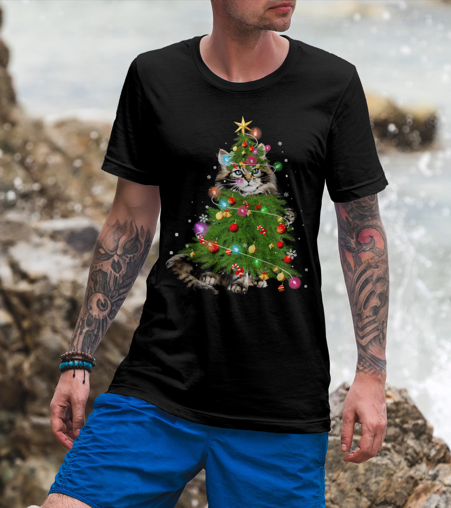 Cute Maine Coon Cat Surrounded By Christmas Tree Lights And Ornaments T-Shirt