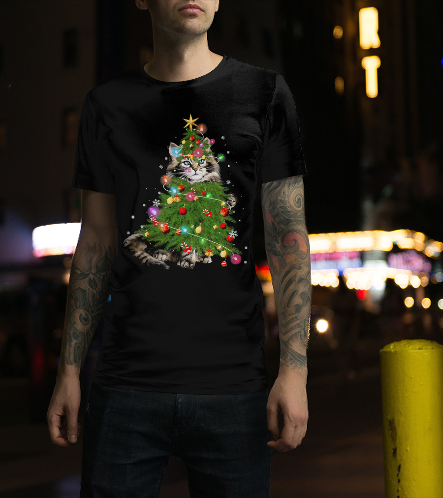 Cute Maine Coon Cat Surrounded By Christmas Tree Lights And Ornaments T-Shirt