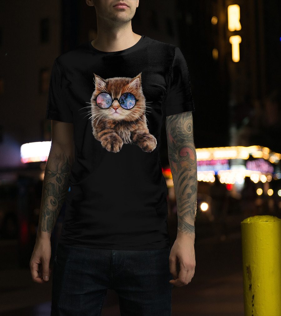 Brown Tabby Kitten With Cosmic Galaxy Sunglasses T-Shirt
