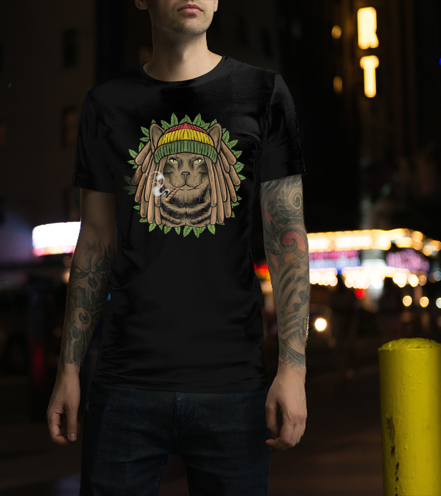 Rastafarian Cat Marijuana Rasta Kitten Smoking Dreadlocks Hat T-Shirt
