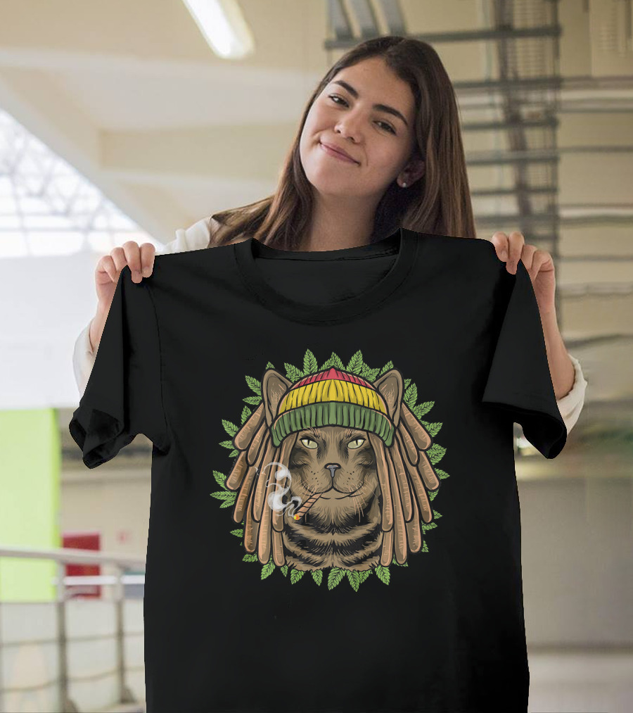 Rastafarian Cat Marijuana Rasta Kitten Smoking Dreadlocks Hat T-Shirt