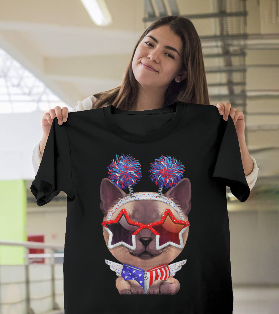 Siamese Cat Wearing Patriotic USA Star Glasses and Pom-Poms for Independence Day T-Shirt