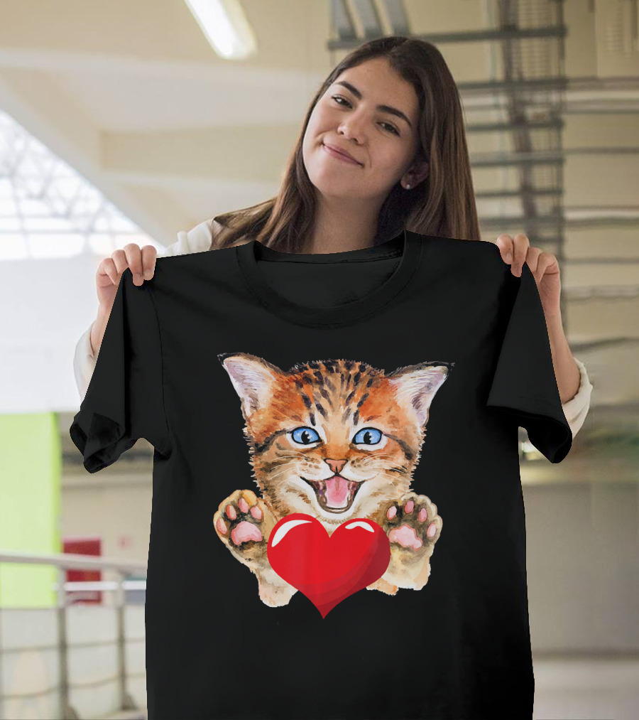 Funny Cute Cat Kitten Lover Colorful Heart Paws T-Shirt