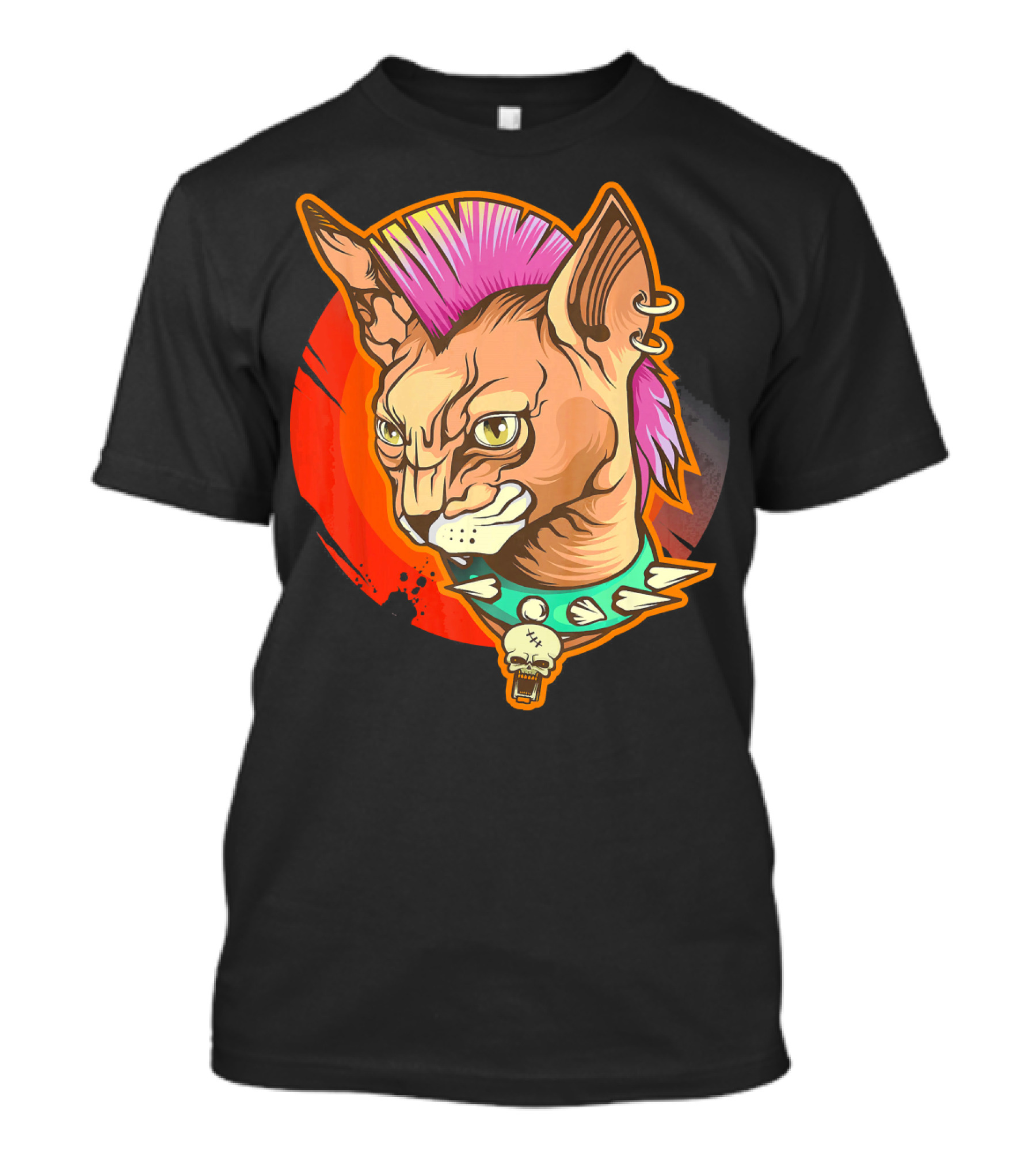 Punk Rock Mohawk Sphynx Cat Skull Collar T-Shirt