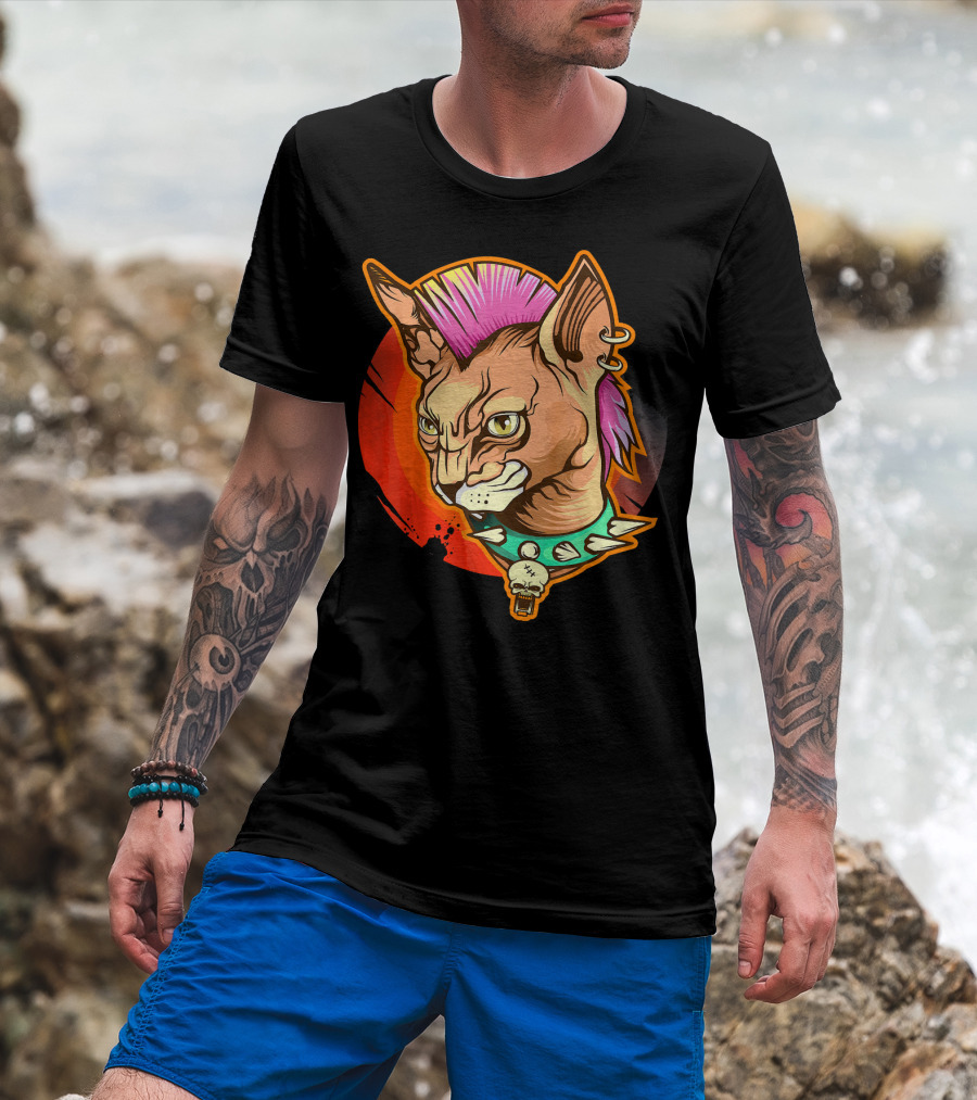 Punk Rock Mohawk Sphynx Cat Skull Collar T-Shirt