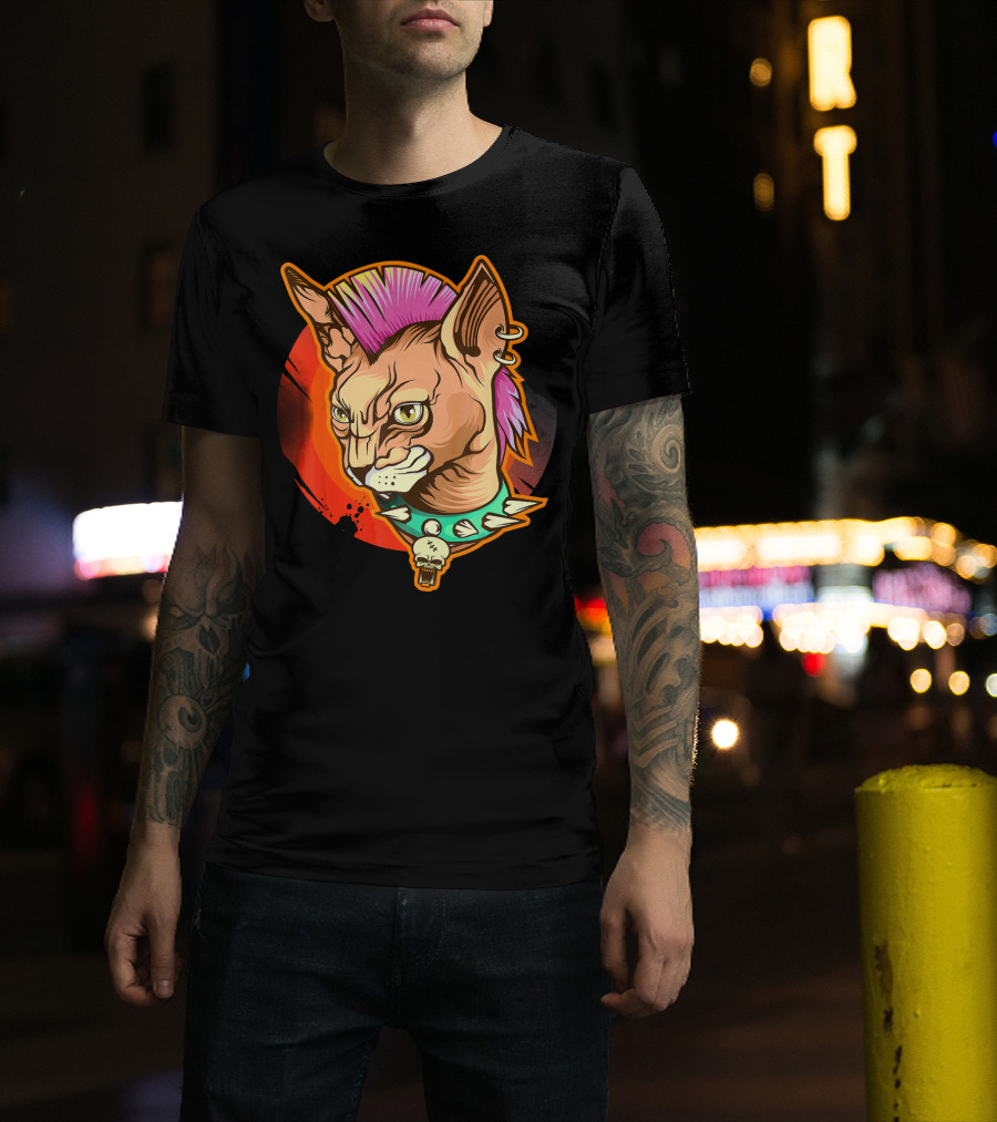 Punk Rock Mohawk Sphynx Cat Skull Collar T-Shirt