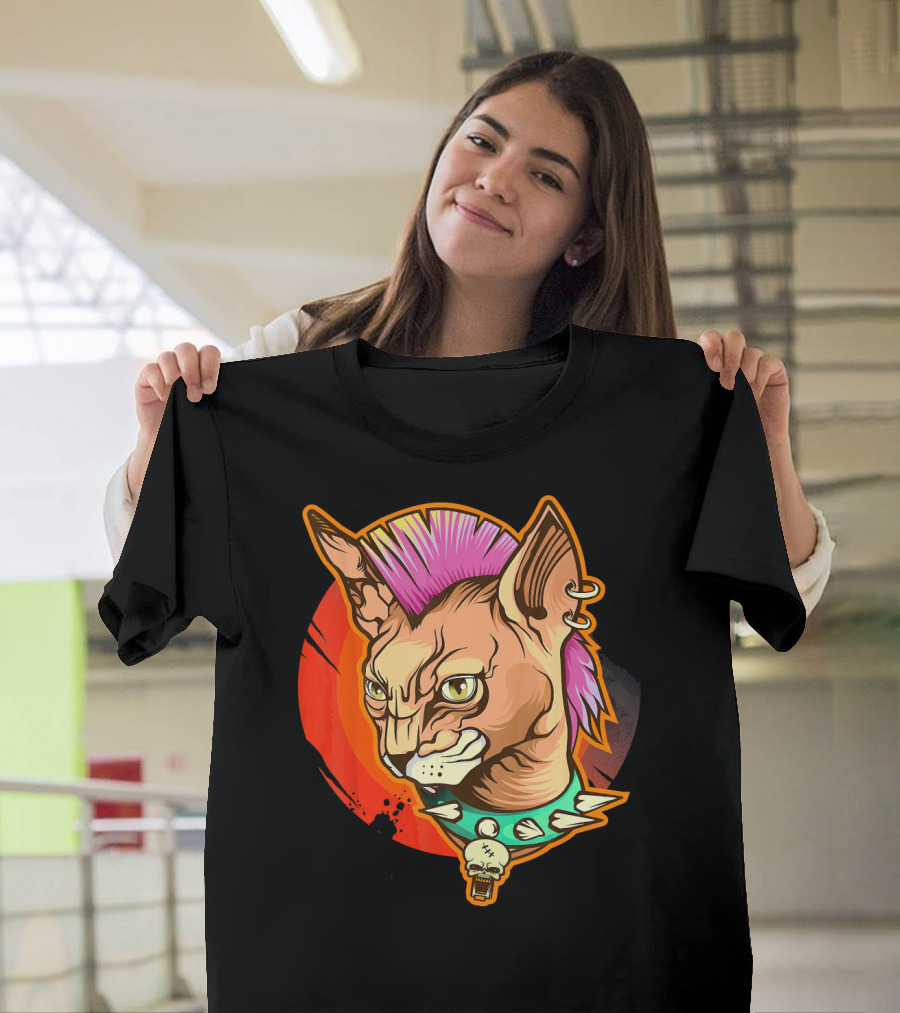 Punk Rock Mohawk Sphynx Cat Skull Collar T-Shirt