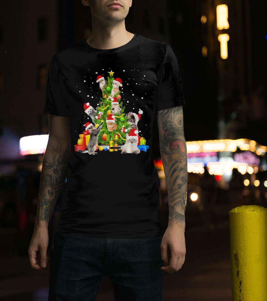 Cat Christmas Tree Funny Meowy Kitten Santa Hats Snow Presents T-Shirt