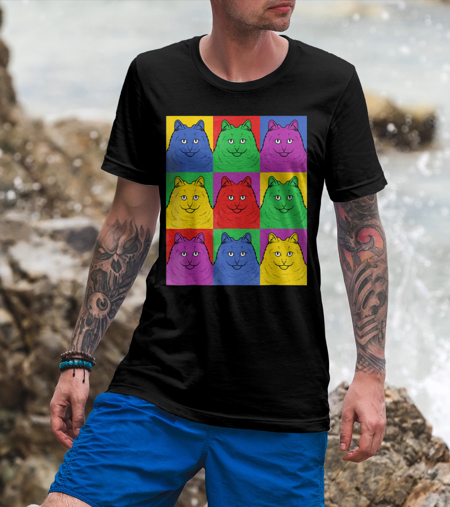 Maine Coon Pop Art Vintage Cat Colorful Grid T-Shirt