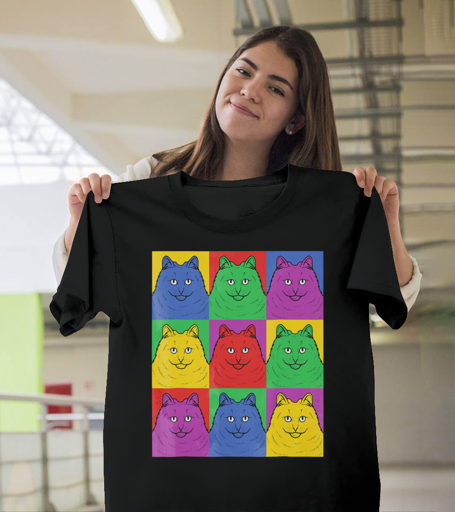 Maine Coon Pop Art Vintage Cat Colorful Grid T-Shirt