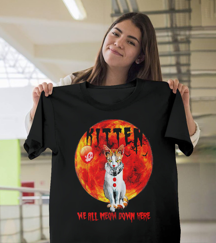 Kitten We All Meow Down Here Clown Cat Red Balloon T-Shirt