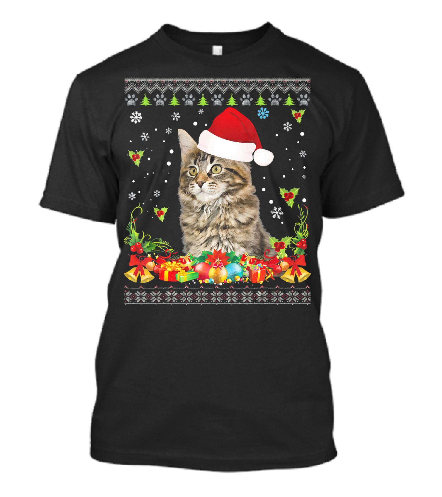 Merry Christmas Maine Coon Cat Santa Hat Christmas Tree Snowflakes Ornaments T-Shirt