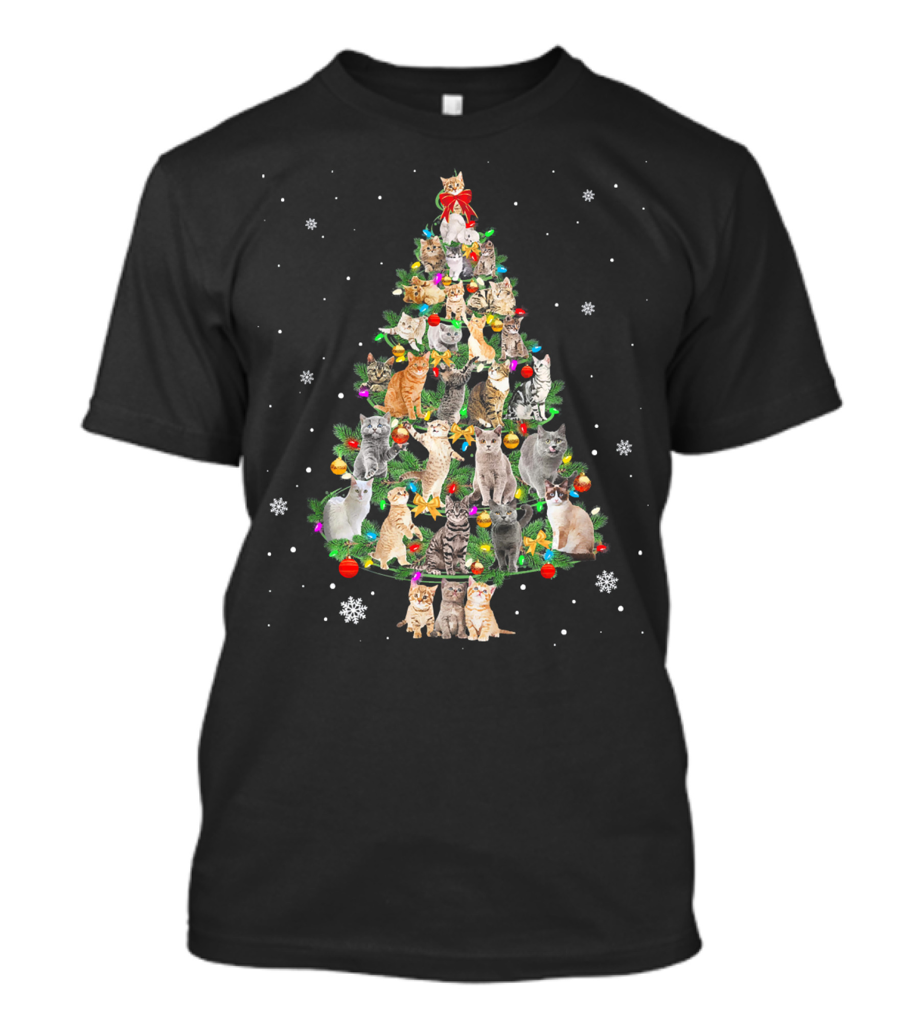 Meowy Xmas Cats Christmas Tree With Lights And Snowflakes T-Shirt