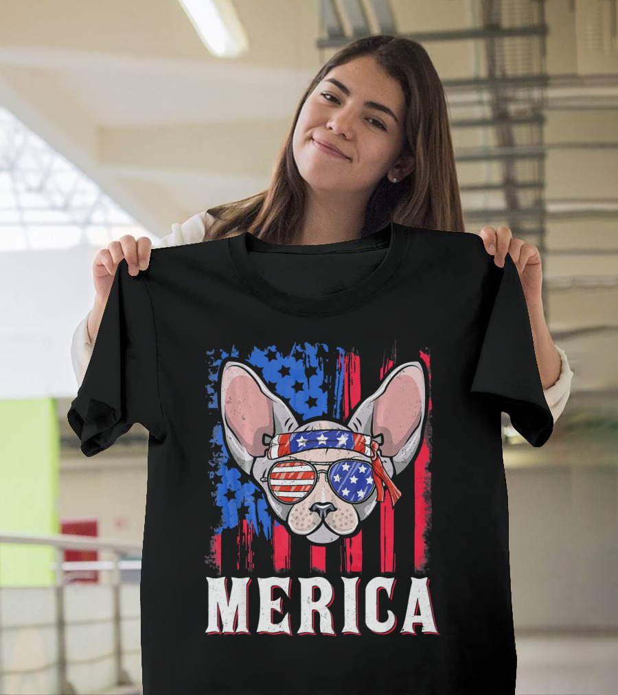 Merica Sphynx Cat with American Flag Sunglasses and Bandana T-Shirt