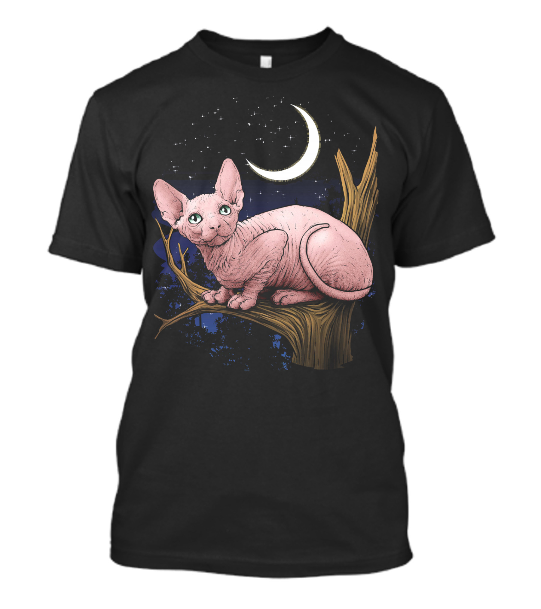 Sphynx Cat With Crescent Moon In Starry Night T-Shirt