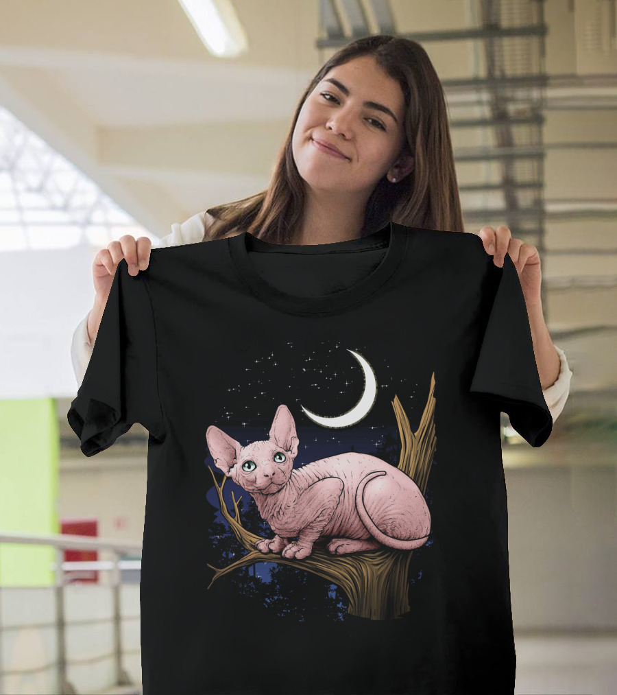 Sphynx Cat With Crescent Moon In Starry Night T-Shirt