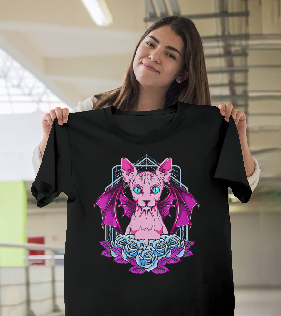 Sphynx Goth Cat with Bat Wings and Roses Mysterious and Sophisticat T-Shirt