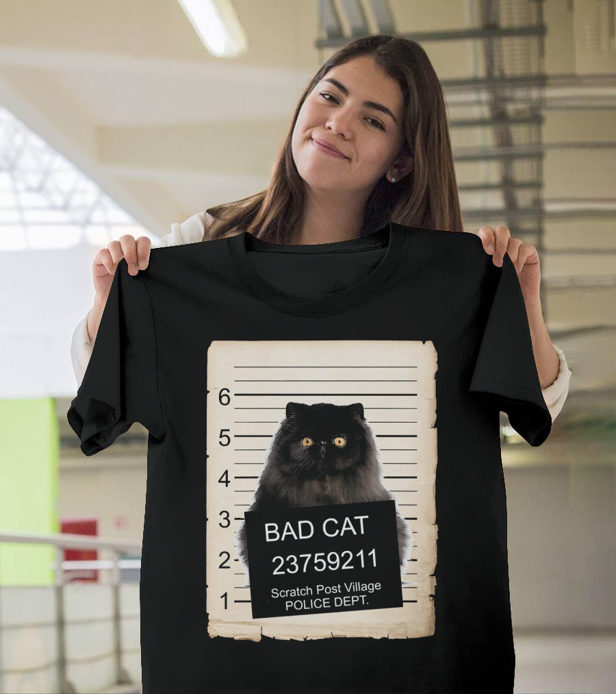 Bad Cat Persian Black Kitten Police Department Mugshot Scratch Post Village T-Shirt