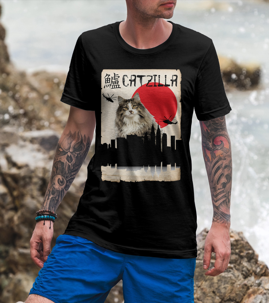 Catzilla Norwegian Forest With Helicopters And City Skyline T-Shirt