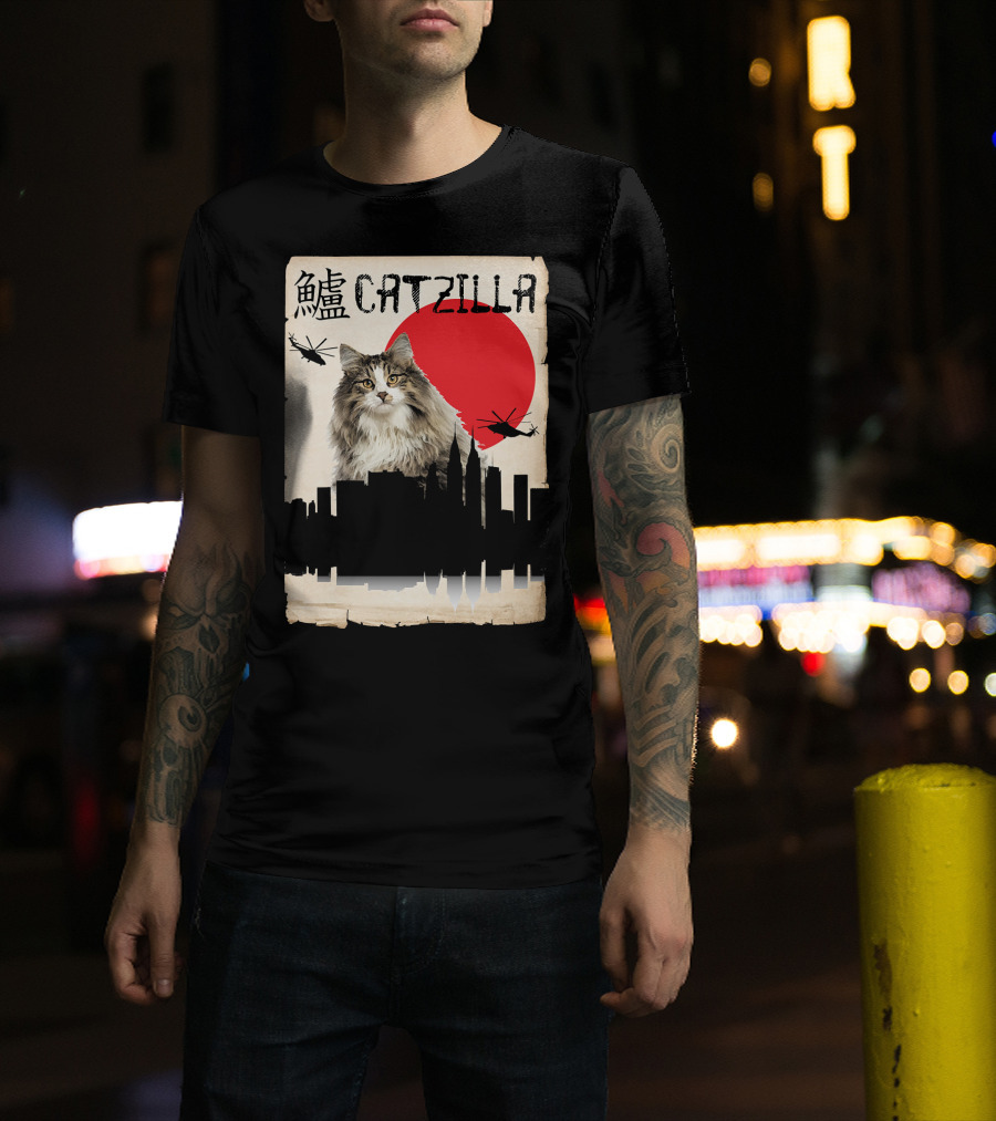 Catzilla Norwegian Forest With Helicopters And City Skyline T-Shirt