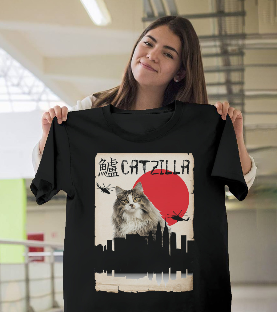 Catzilla Norwegian Forest With Helicopters And City Skyline T-Shirt