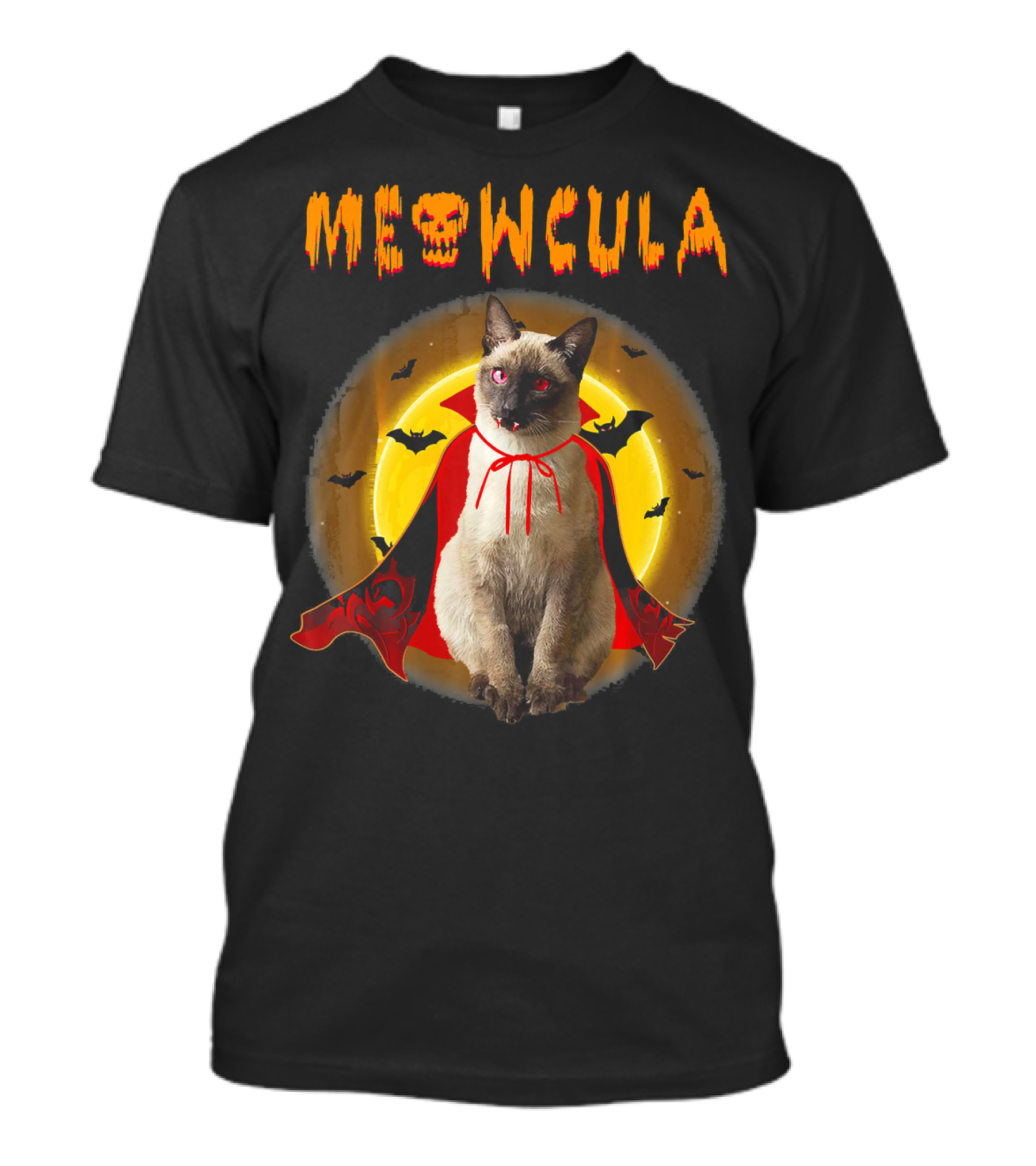Meowcula Funny Siamese Cat With Vampire Theme And Bats T-Shirt