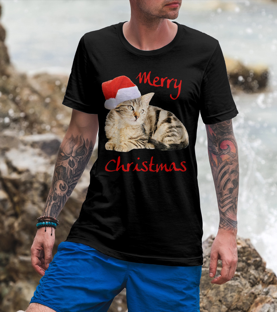 Merry Christmas Cat Cute Kitten Santa Hat T-Shirt